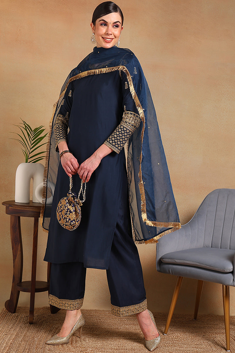 ZERESOUQ-Teal-Silk-Blend-Solid-Embroidered-Straight-3-Piece-Kurta-Set