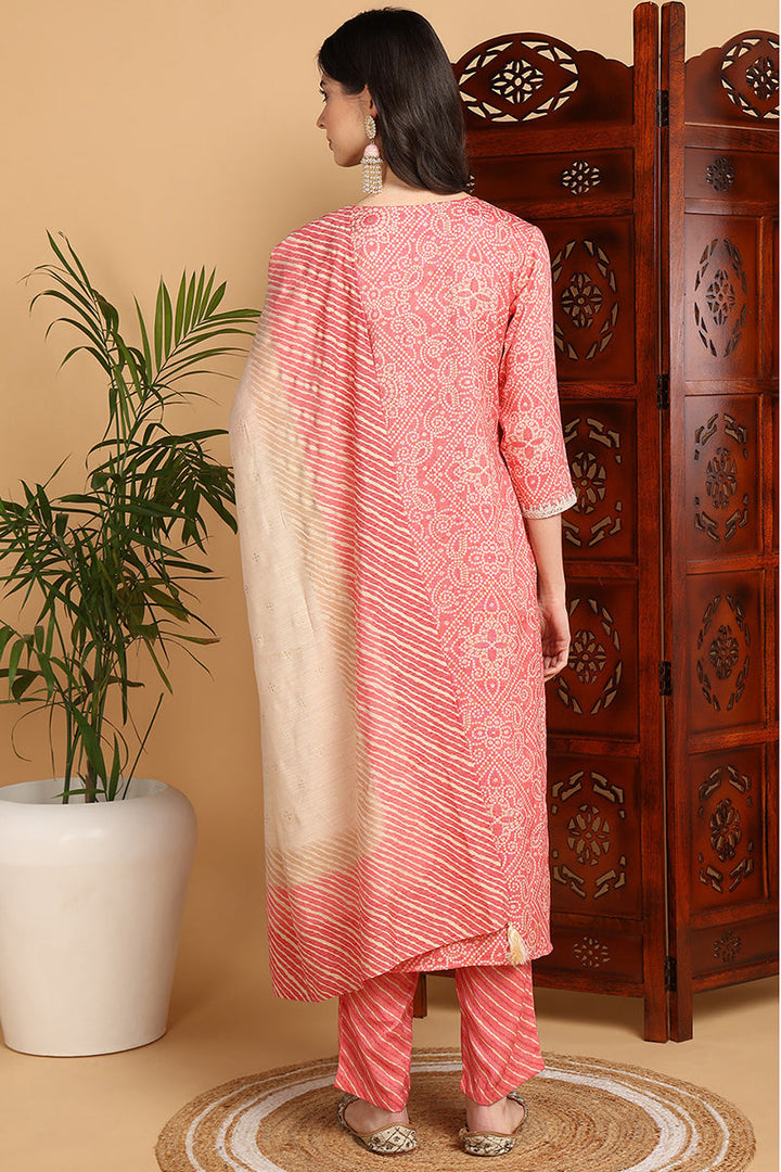 Peach-Viscose-Rayon-Bandhani-Printed-Straight-3-Piece-Kurta-Set