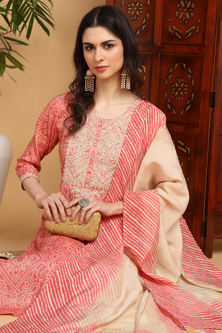 Peach-Viscose-Rayon-Bandhani-Printed-Straight-3-Piece-Kurta-Set