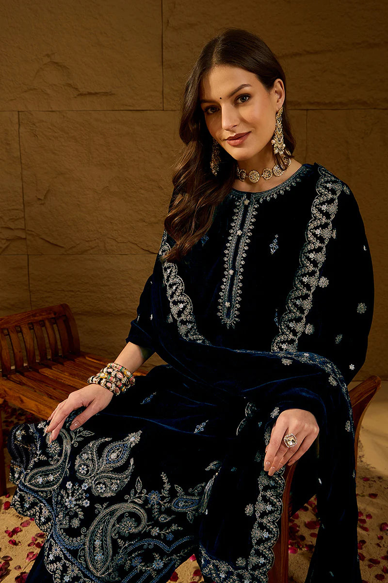 Blue Velvet Solid Embroidered Straight 3-Piece Suit Set