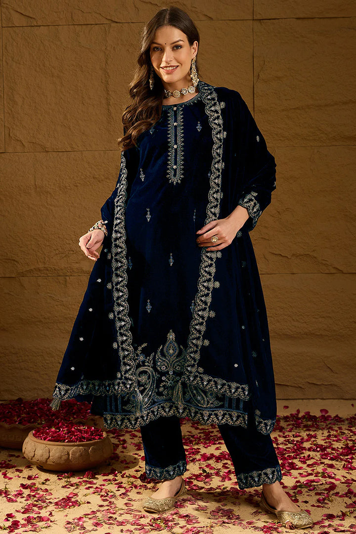 Blue Velvet Solid Embroidered Straight 3-Piece Suit Set