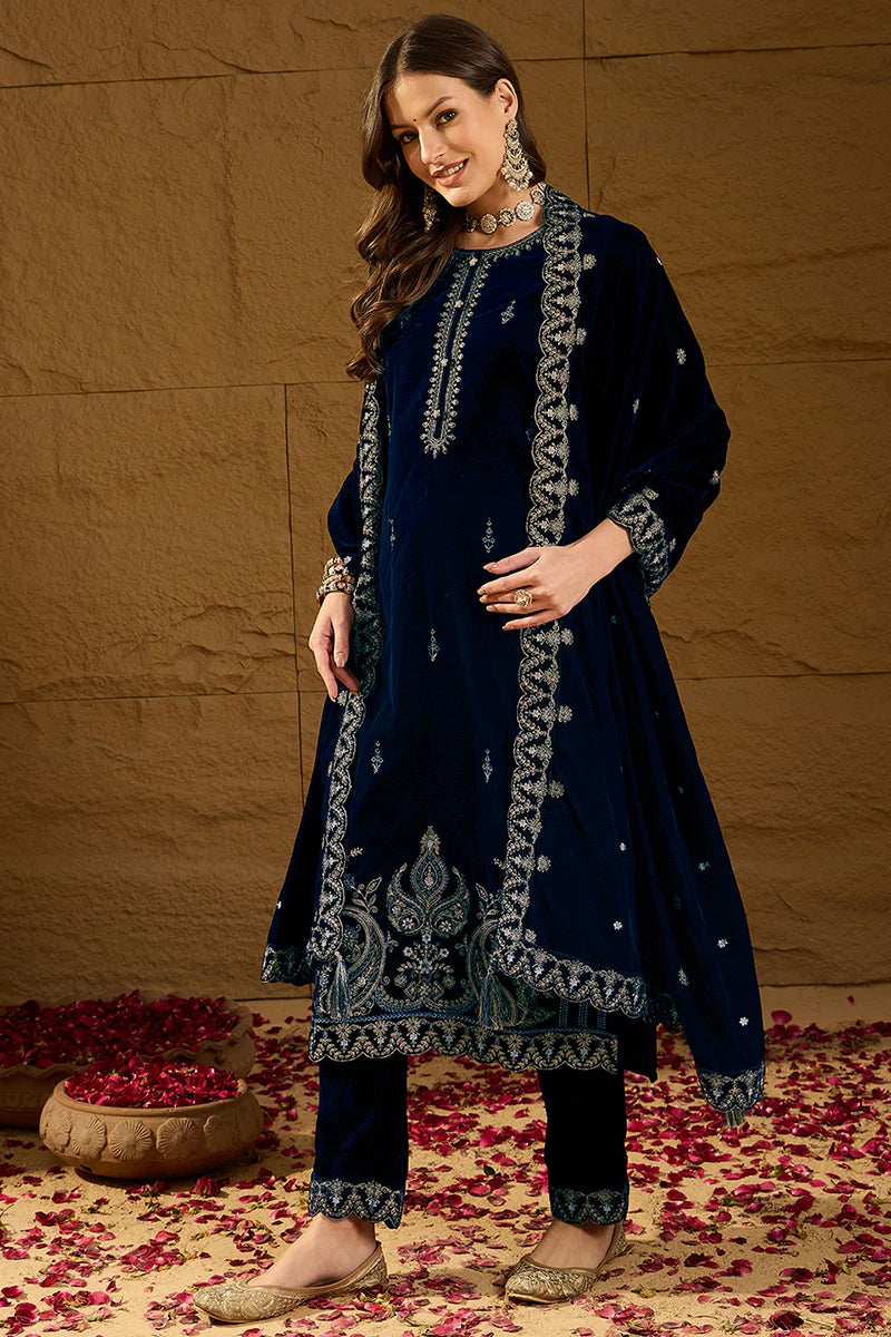 Blue Velvet Solid Embroidered Straight 3-Piece Suit Set