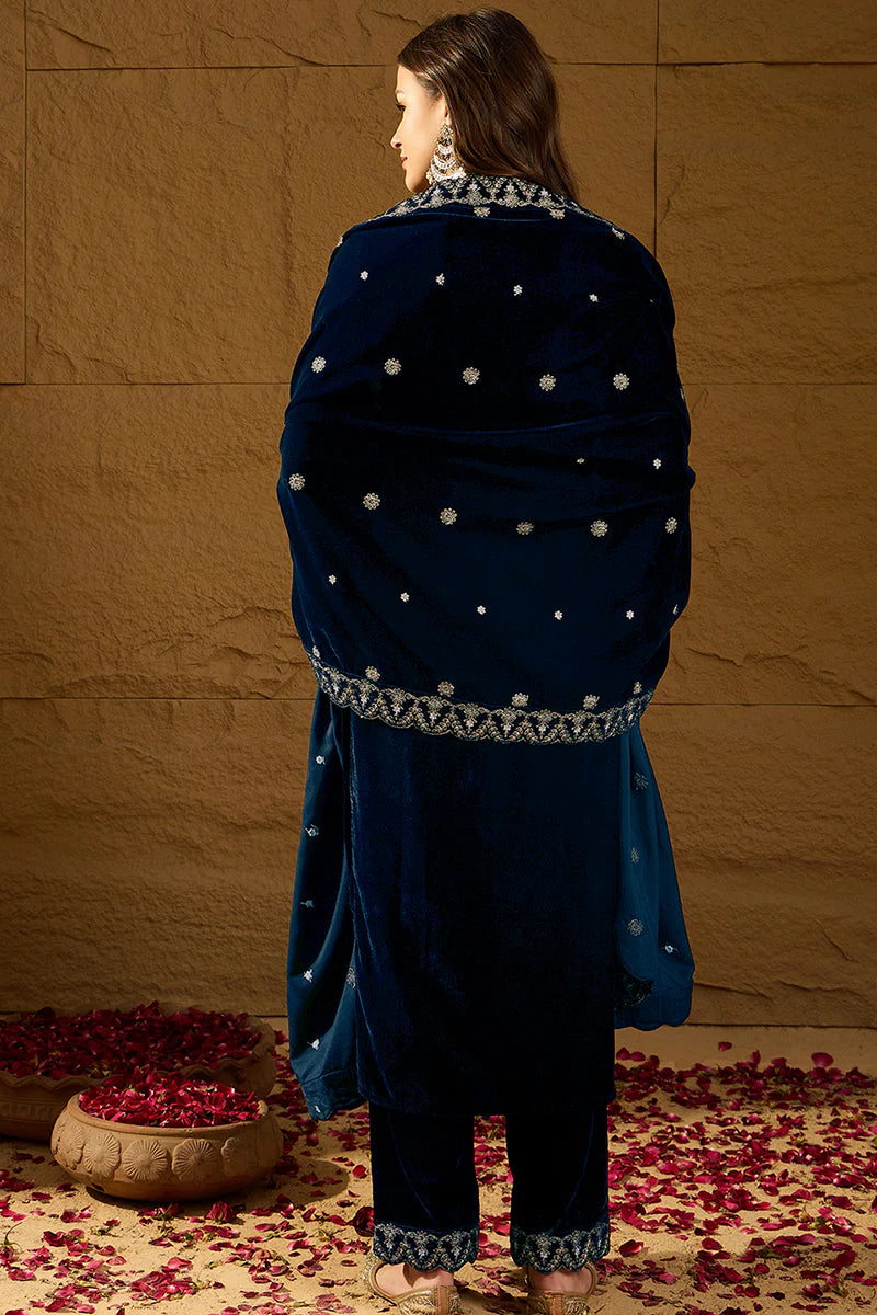Blue Velvet Solid Embroidered Straight 3-Piece Suit Set