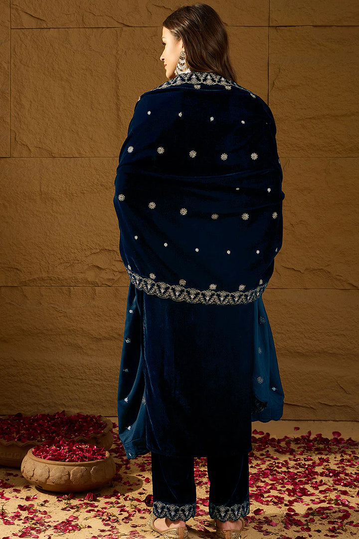 Blue Velvet Solid Embroidered Straight 3-Piece Suit Set