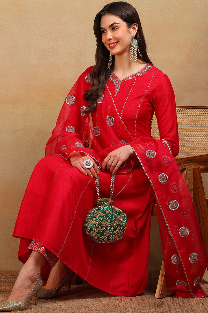 ZERESOUQ-Red-Silk-Blend-Embroidered-Flared-Empire-3-Piece-Kurta-Set
