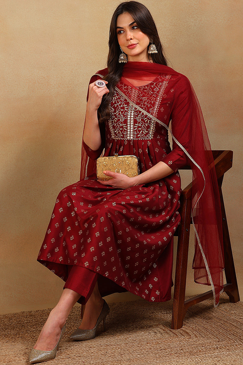 ZERESOUQ-Maroon-Silk-Blend-Solid-Design-Flared-3-Piece-Kurta-Set