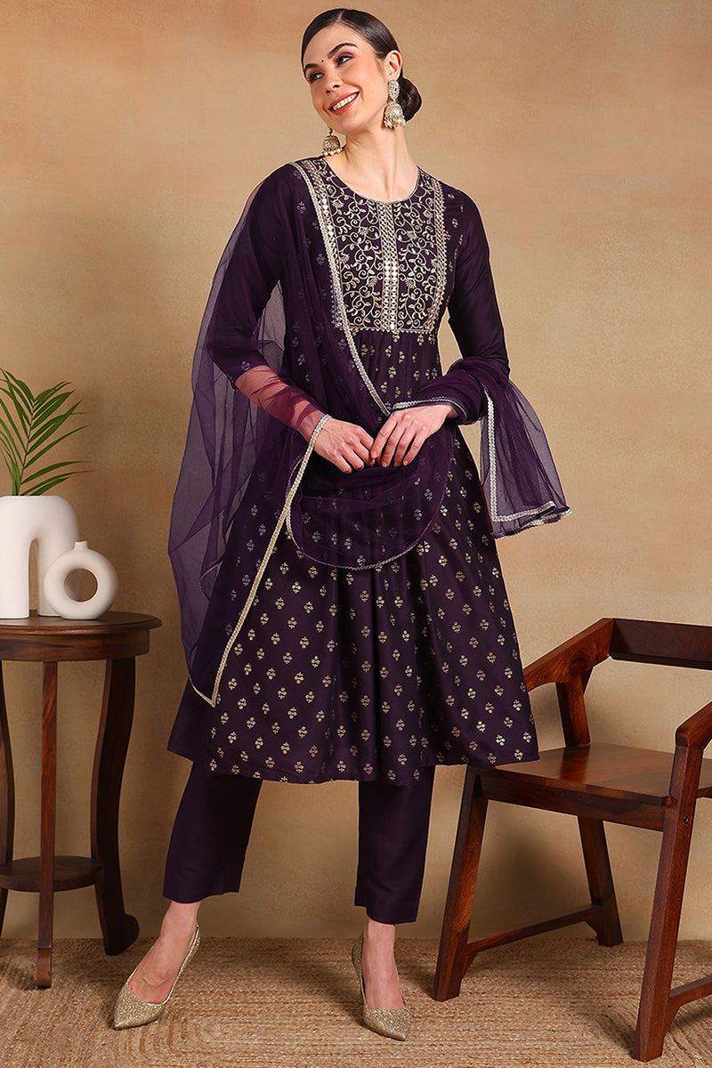 ZERESOUQ-Purple-Silk-Blend-Woven-Design-Flared-Empire-3-Piece-Kurta-Set