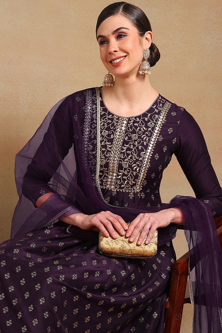 ZERESOUQ-Purple-Silk-Blend-Woven-Design-Flared-Empire-3-Piece-Kurta-Set
