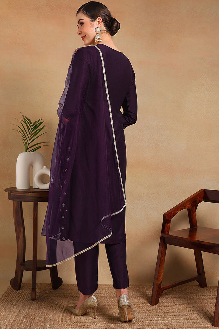 ZERESOUQ-Purple-Silk-Blend-Woven-Design-Flared-Empire-3-Piece-Kurta-Set