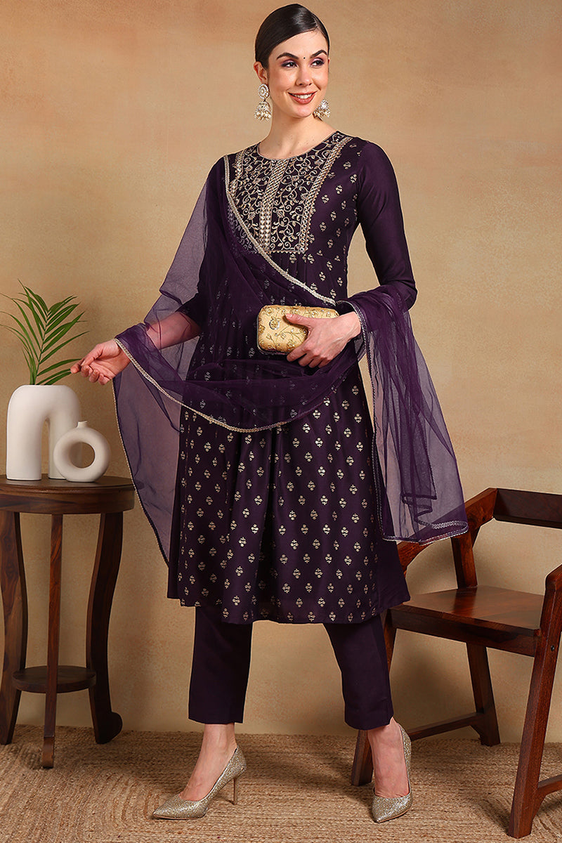 ZERESOUQ-Purple-Silk-Blend-Woven-Design-Flared-Empire-3-Piece-Kurta-Set