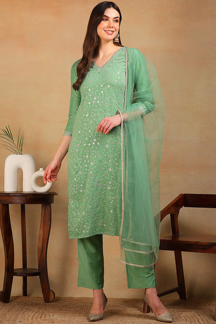 ZERESOUQ-Green-Silk-Blend-Solid-Embroidered-3-Piece-Kurta-Set