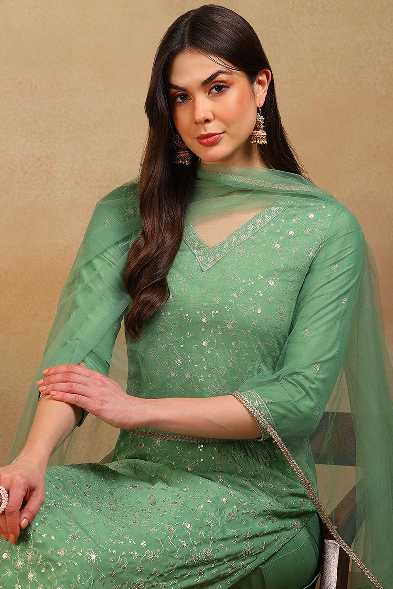 ZERESOUQ-Green-Silk-Blend-Solid-Embroidered-3-Piece-Kurta-Set