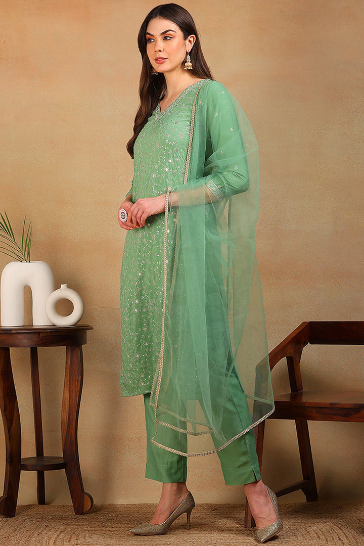 ZERESOUQ-Green-Silk-Blend-Solid-Embroidered-3-Piece-Kurta-Set