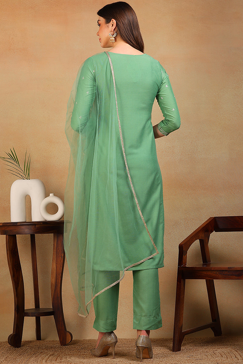 ZERESOUQ-Green-Silk-Blend-Solid-Embroidered-3-Piece-Kurta-Set
