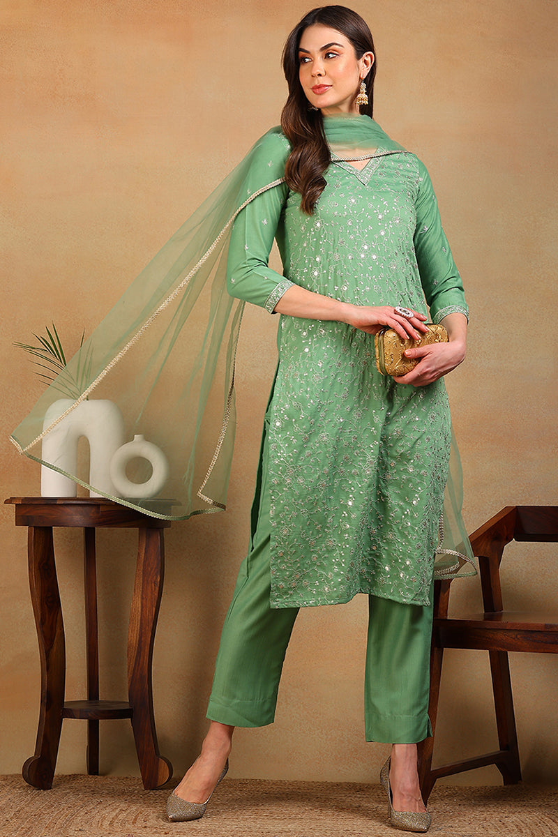 ZERESOUQ-Green-Silk-Blend-Solid-Embroidered-3-Piece-Kurta-Set