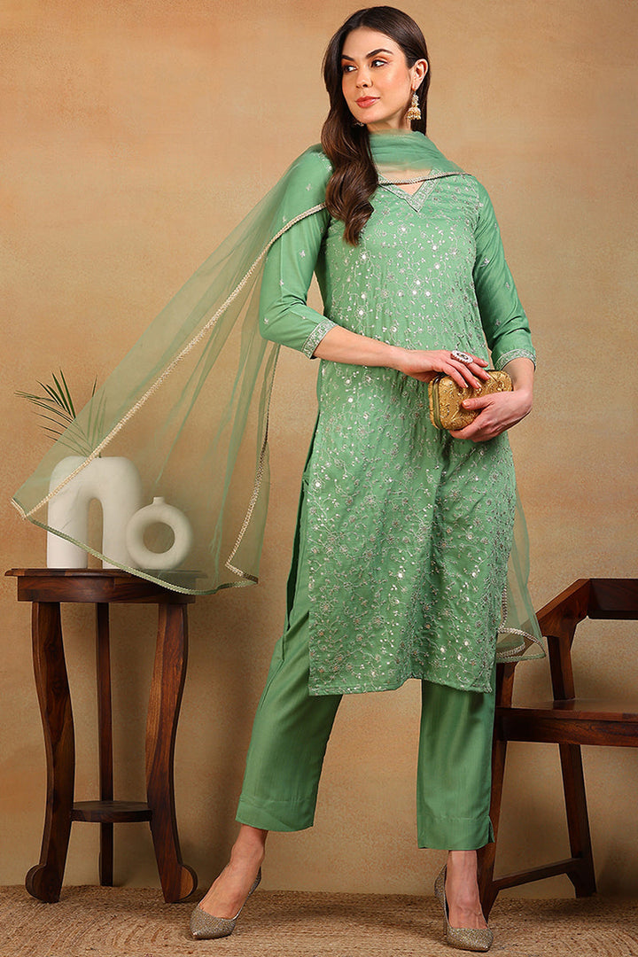 ZERESOUQ-Green-Silk-Blend-Solid-Embroidered-3-Piece-Kurta-Set