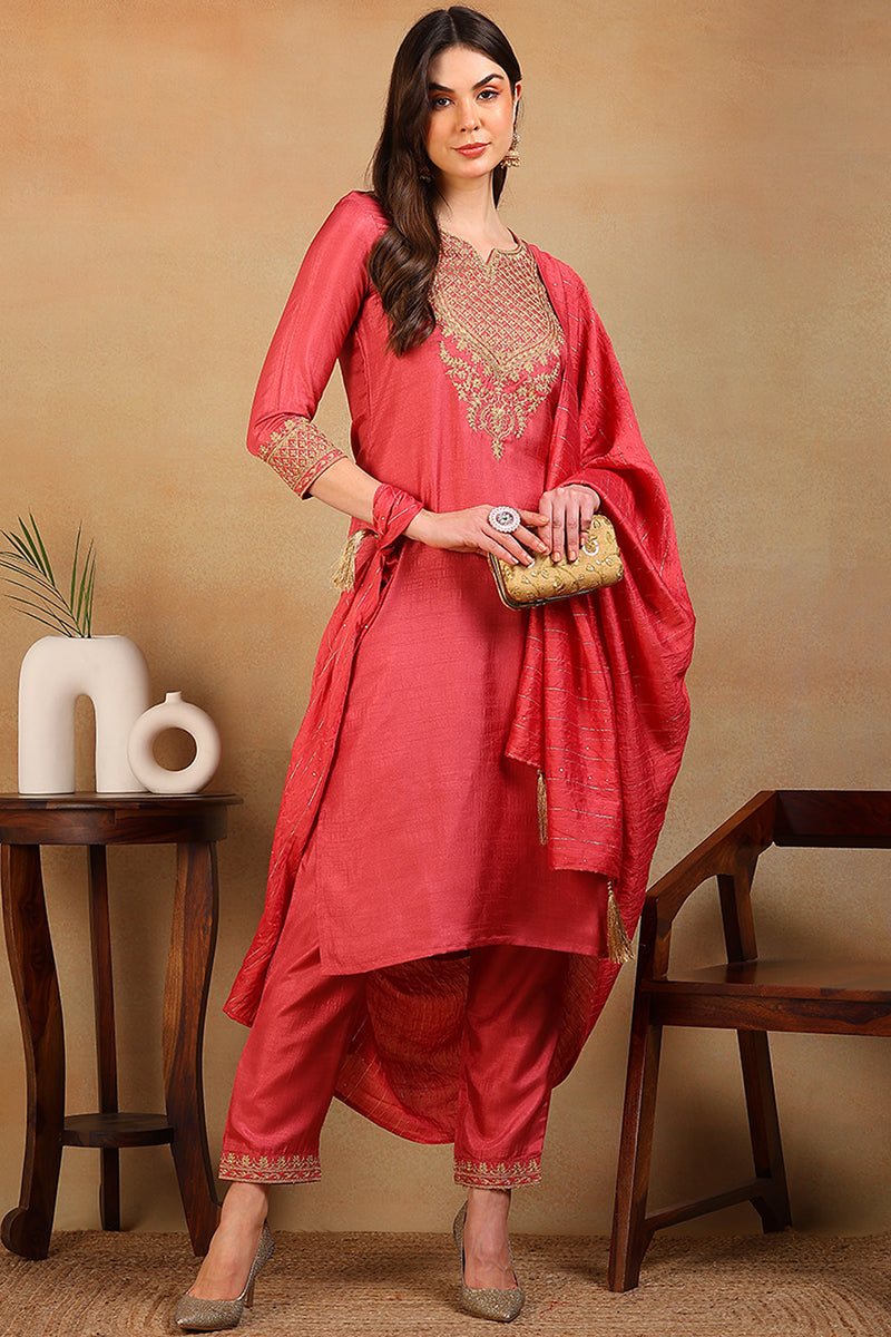 ZERESOUQ-Rust-Silk-Blend-Solid-Embroidered-Straight-3-Piece-Kurta-Set