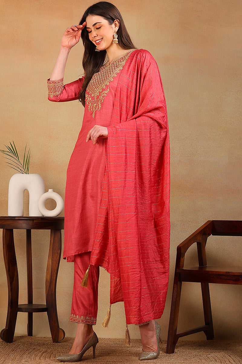 ZERESOUQ-Rust-Silk-Blend-Solid-Embroidered-Straight-3-Piece-Kurta-Set