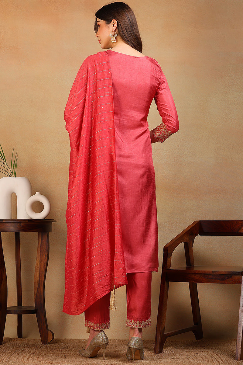 ZERESOUQ-Rust-Silk-Blend-Solid-Embroidered-Straight-3-Piece-Kurta-Set