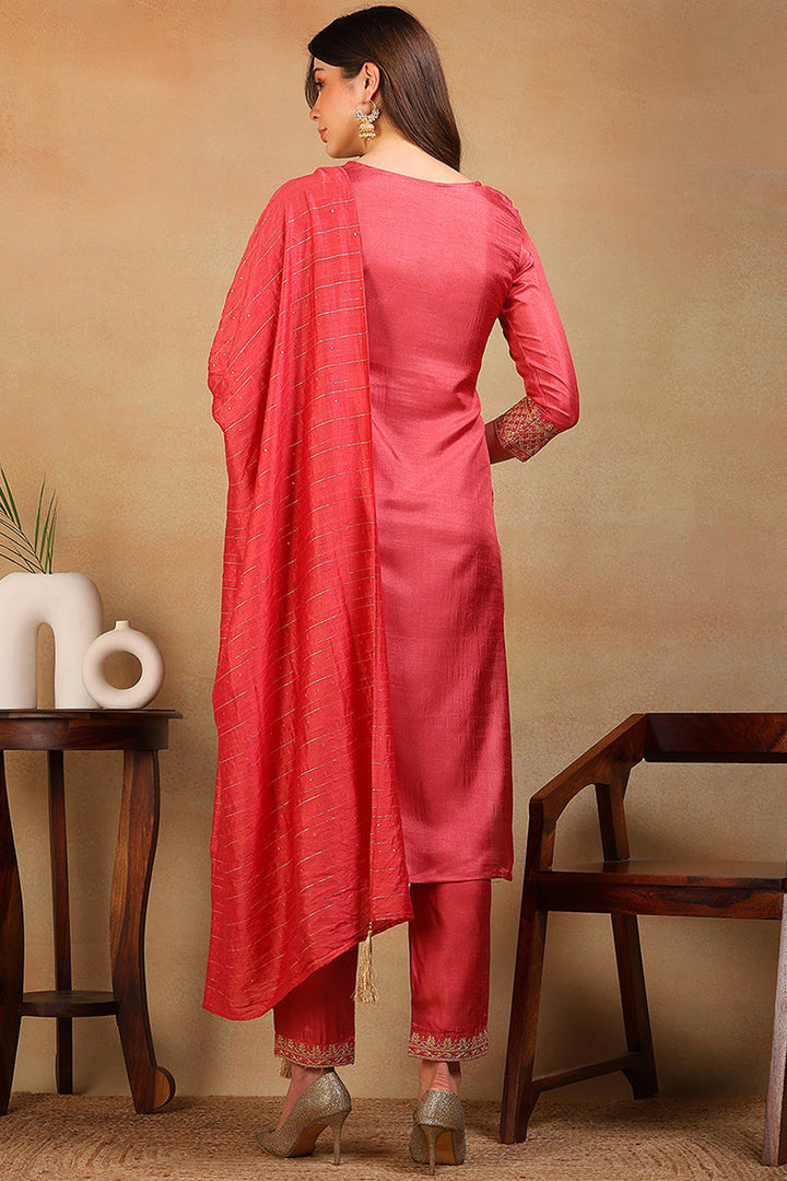 ZERESOUQ-Rust-Silk-Blend-Solid-Embroidered-Straight-3-Piece-Kurta-Set