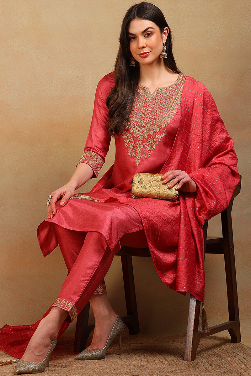 ZERESOUQ-Rust-Silk-Blend-Solid-Embroidered-Straight-3-Piece-Kurta-Set