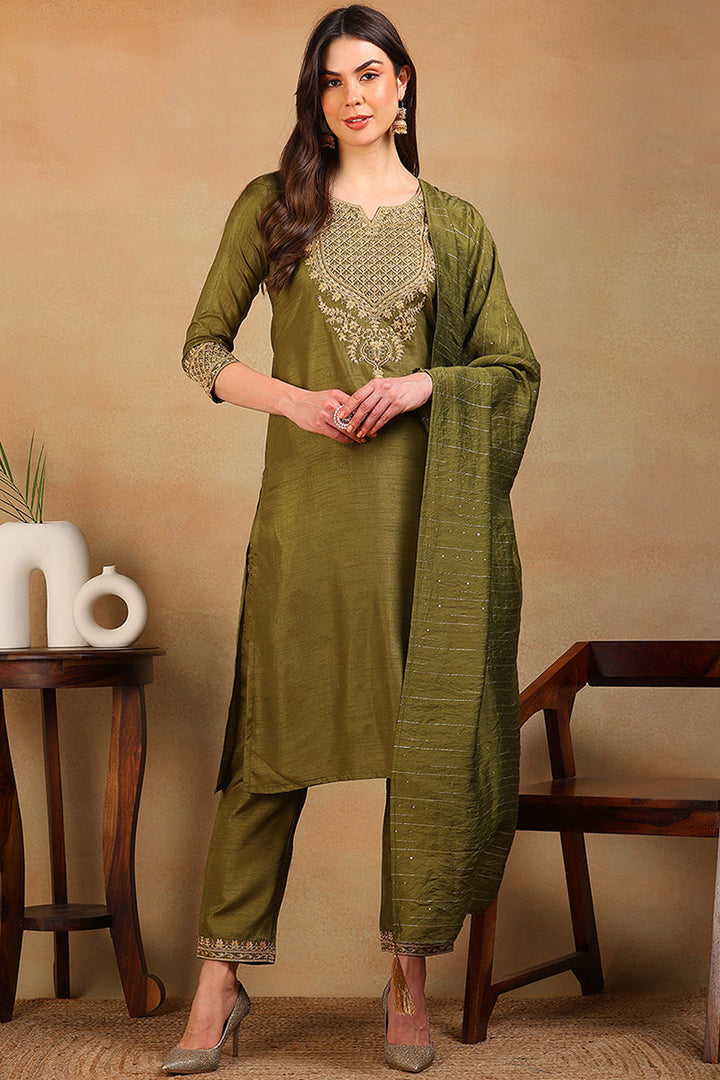 ZERESOUQ-Olive-Silk-Blend-Solid-Embroidered-3-Piece-Kurta-Set
