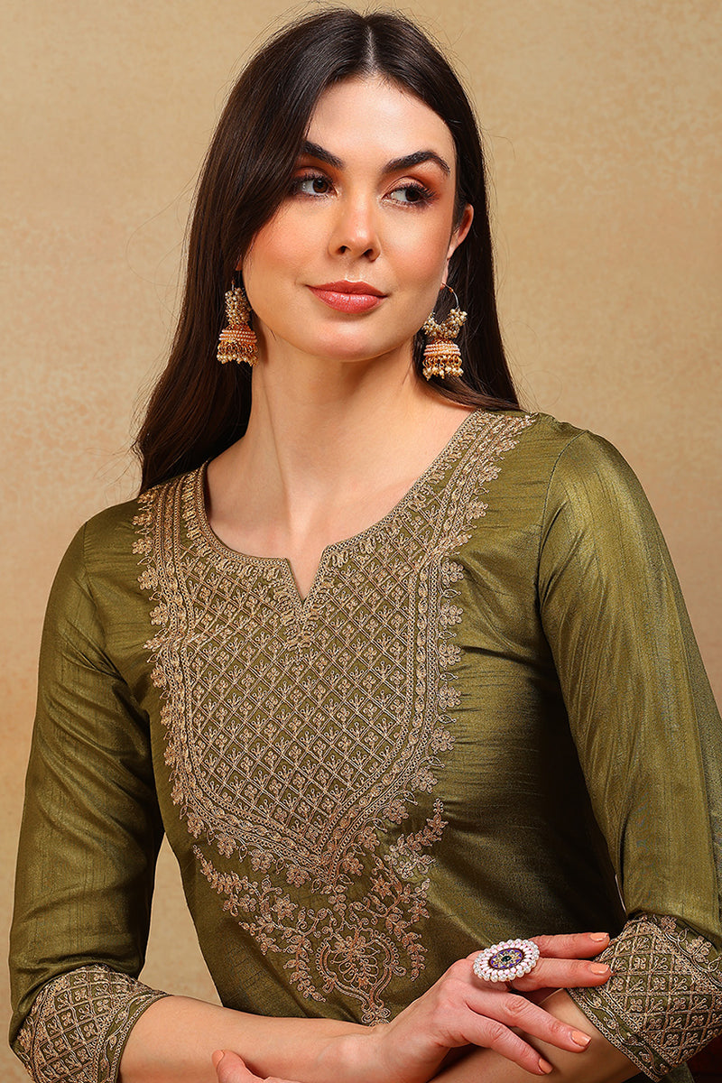 ZERESOUQ-Olive-Silk-Blend-Solid-Embroidered-3-Piece-Kurta-Set