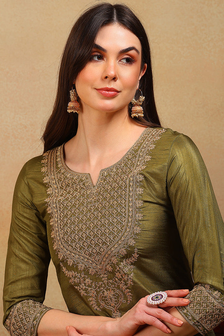 ZERESOUQ-Olive-Silk-Blend-Solid-Embroidered-3-Piece-Kurta-Set