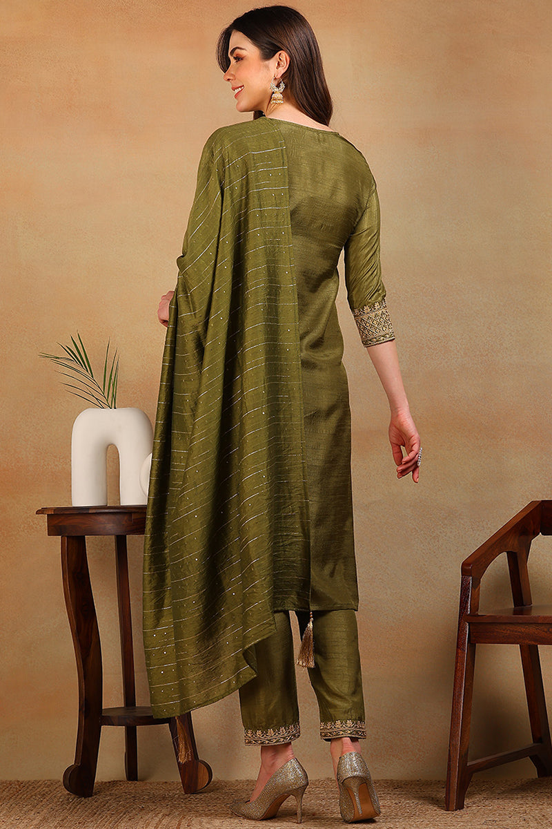 ZERESOUQ-Olive-Silk-Blend-Solid-Embroidered-3-Piece-Kurta-Set