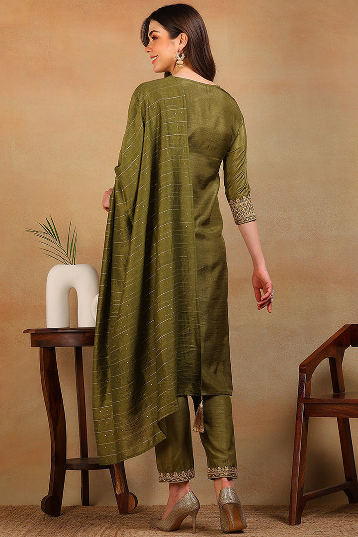ZERESOUQ-Olive-Silk-Blend-Solid-Embroidered-3-Piece-Kurta-Set