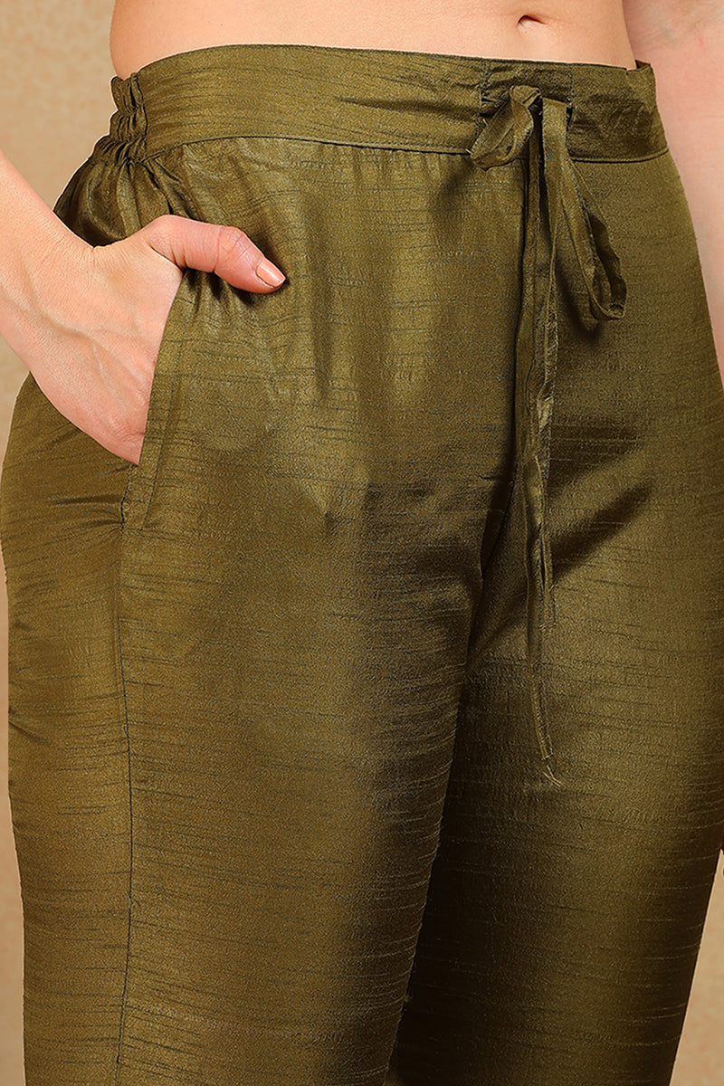 ZERESOUQ-Olive-Silk-Blend-Solid-Embroidered-3-Piece-Kurta-Set