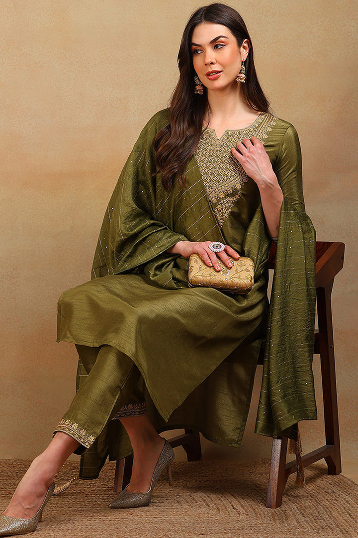 ZERESOUQ-Olive-Silk-Blend-Solid-Embroidered-3-Piece-Kurta-Set