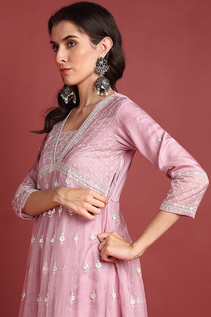 Pink-Organza-Solid-Embroidered-Anarkali-Set