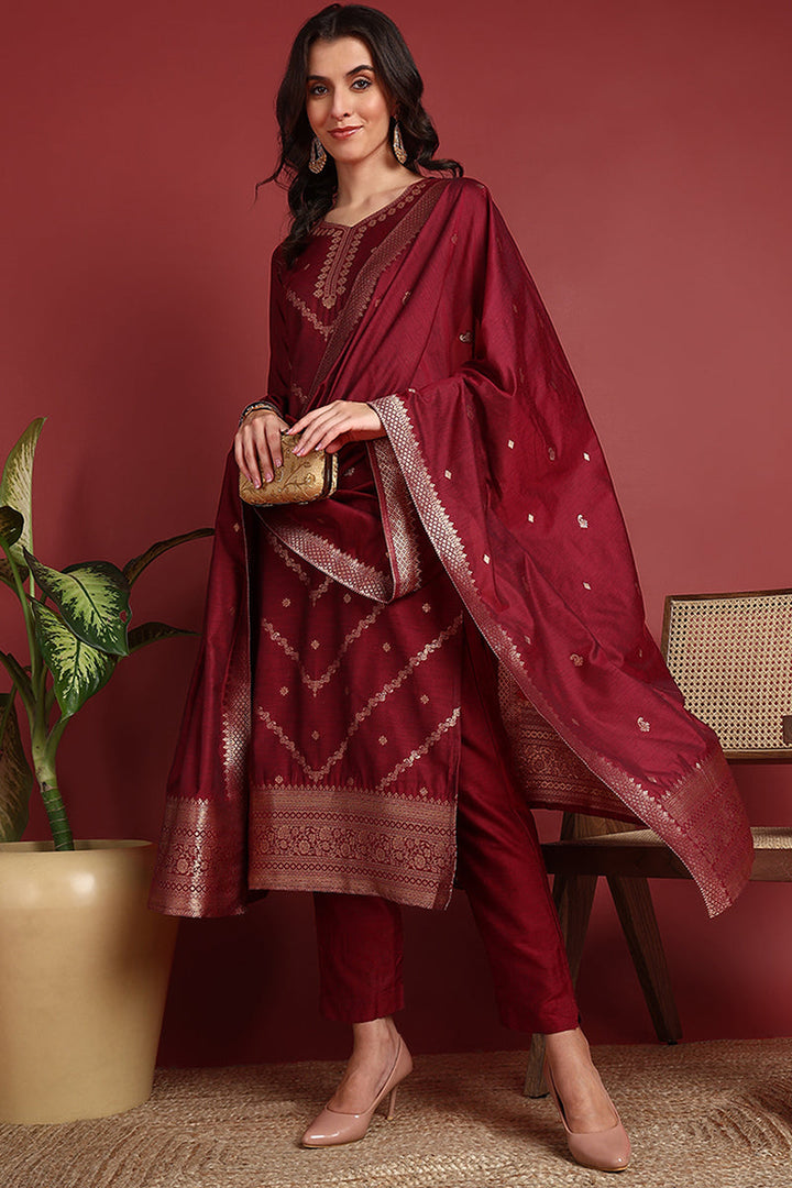Maroon-Silk-Blend-Motifs-Straight-3-Piece-Kurta-Set