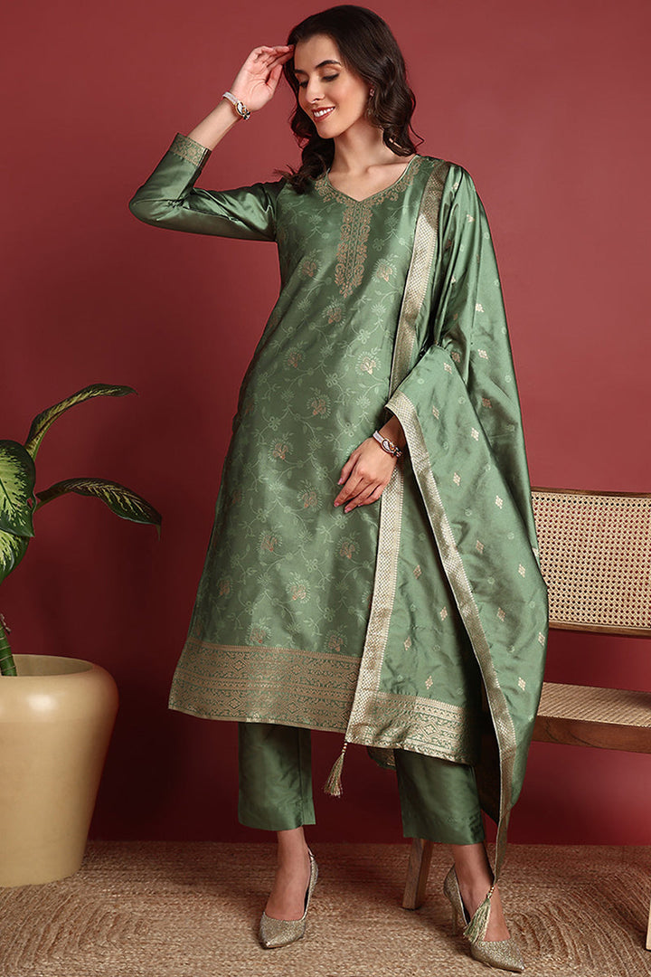 Green-Silk-Blend-Motifs-Woven-Design-Straight-3-Piece-Kurta-Set
