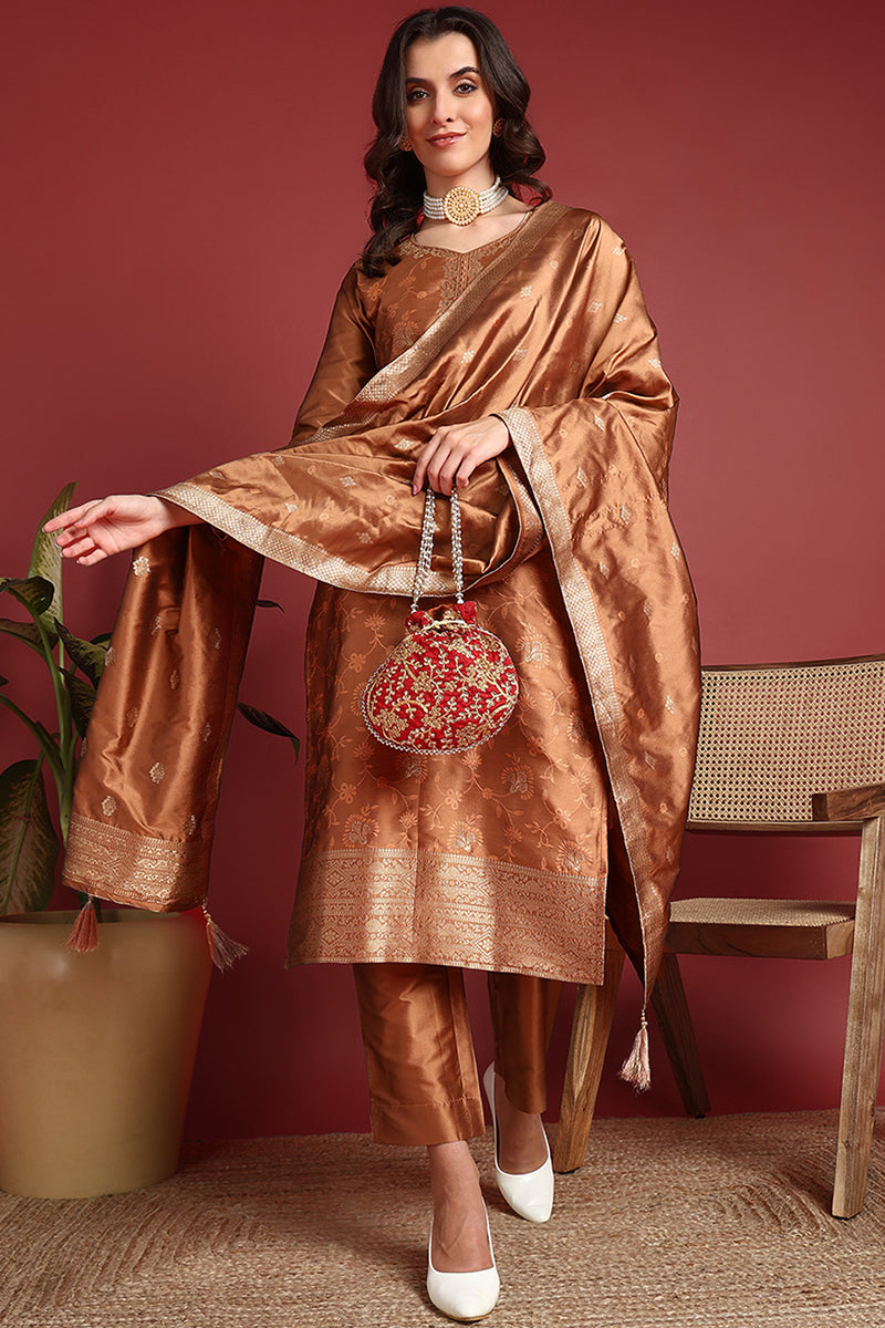 Brown-Silk-Blend-Motifs-Woven-Design-Straight-3-Piece-Kurta-Set