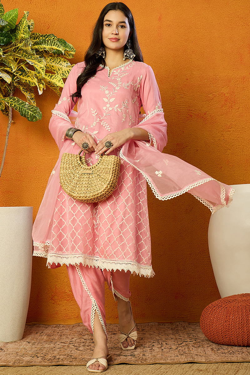 Pink-Organza-Solid-Embroidered-A-Line-Dhoti-Style-Kurta-Set