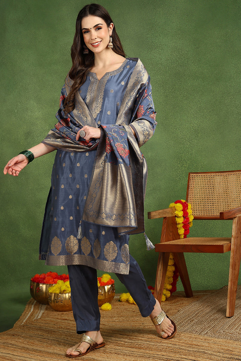 Blue-Chanderi-Solid-Woven-Design-Straight-3-Piece-Kurta-Set