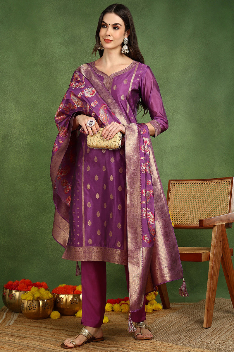 Purple-Poly-Chanderi-Woven-Design-Straight-3-Piece-Kurta-Set