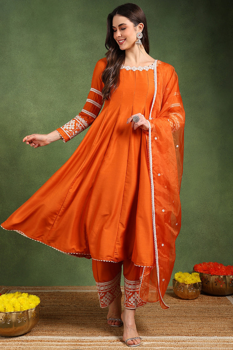 Orange-Silk-Blend-Solid-Embroidered-Anarkali-Set