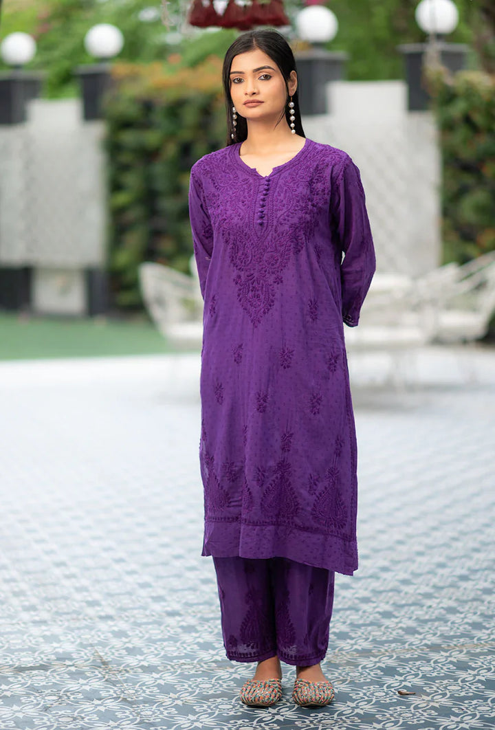 ZERESOUQ-Patola-Purple-Dobby-Cotton-Thread-Work-2-Piece-Kurta-Set