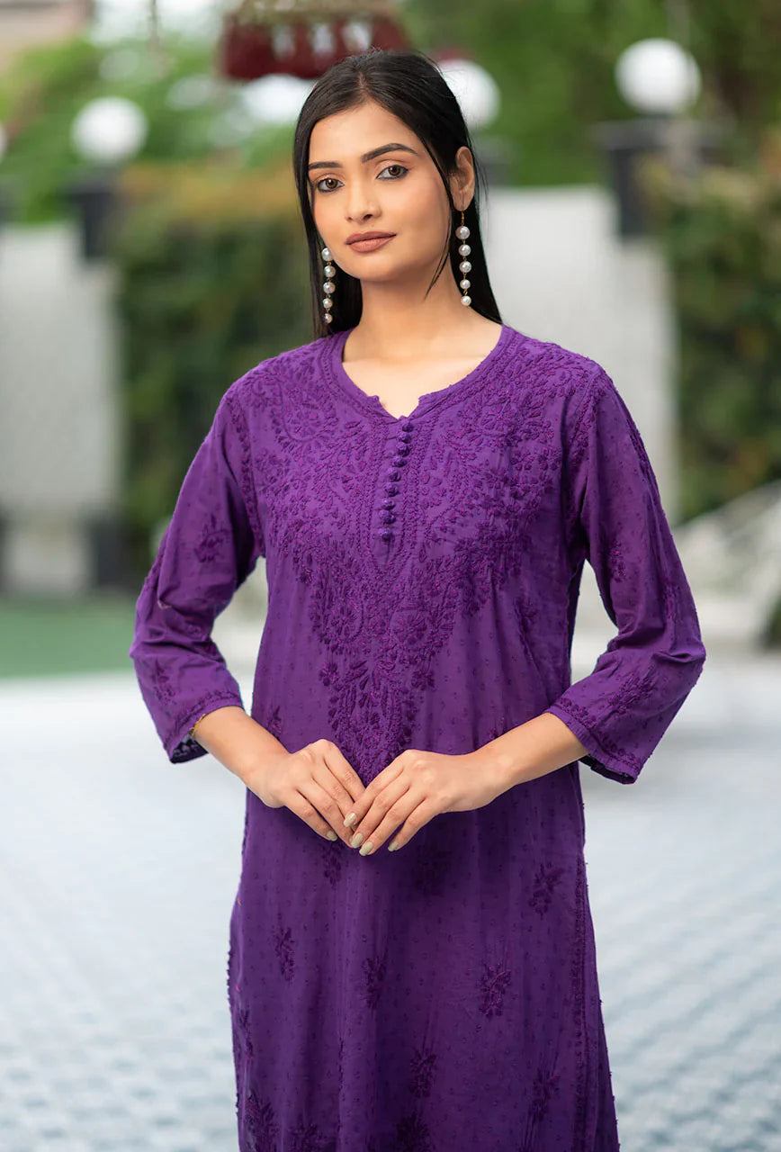 ZERESOUQ-Patola-Purple-Dobby-Cotton-Thread-Work-2-Piece-Kurta-Set