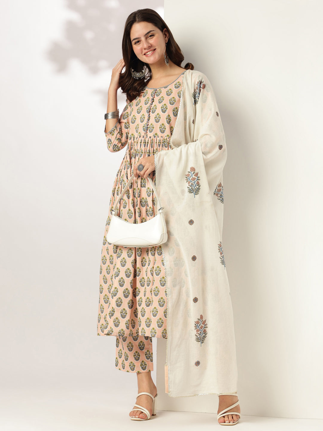 Peach-Cotton-A-Line-Floral-Printed-3-Piece-Kurta-Set