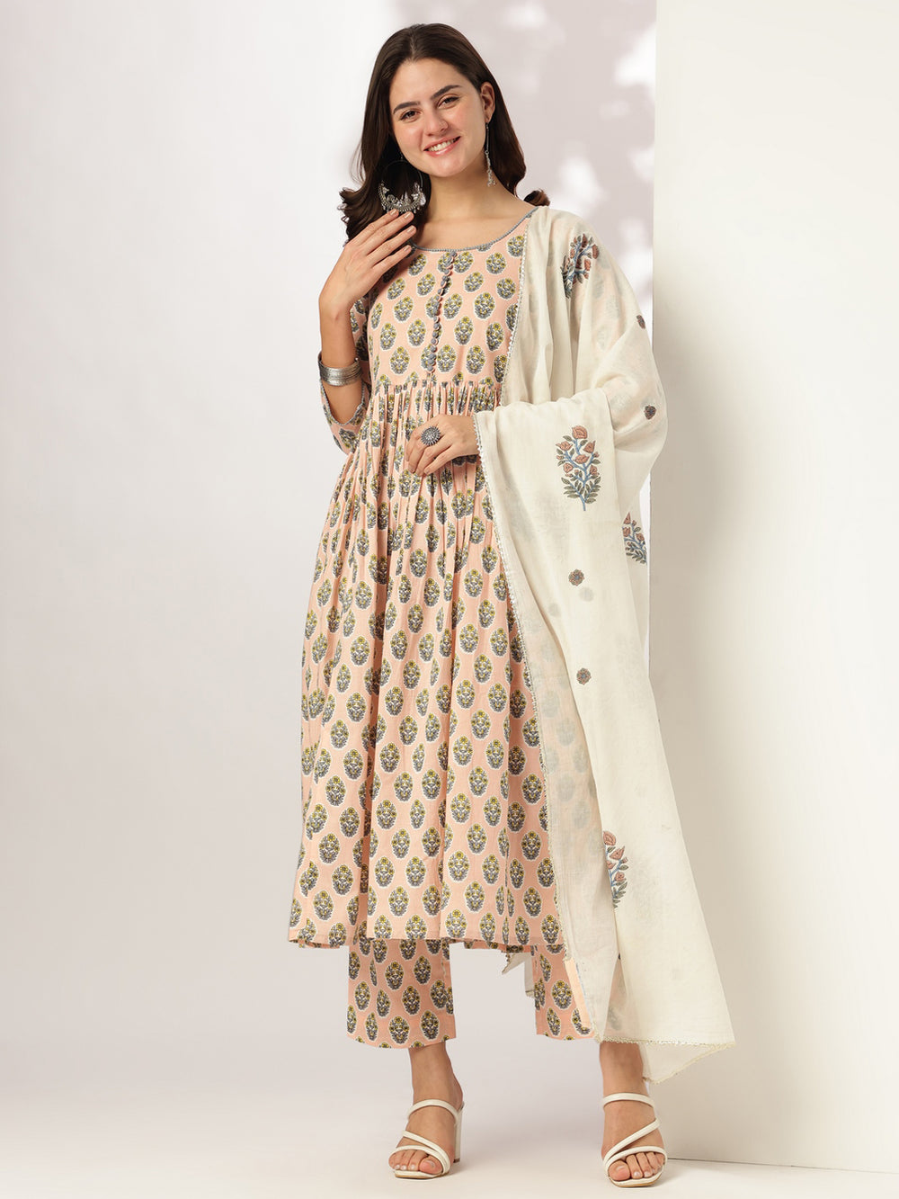 Peach-Cotton-A-Line-Floral-Printed-3-Piece-Kurta-Set