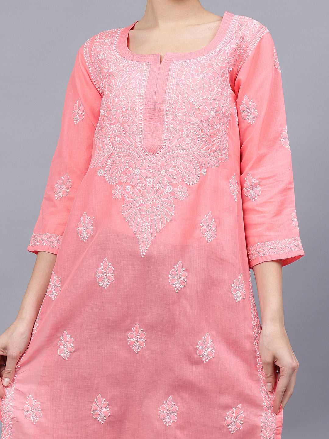 Peach-Cotton-Hand-Embroidered-Chikankari-Kurti