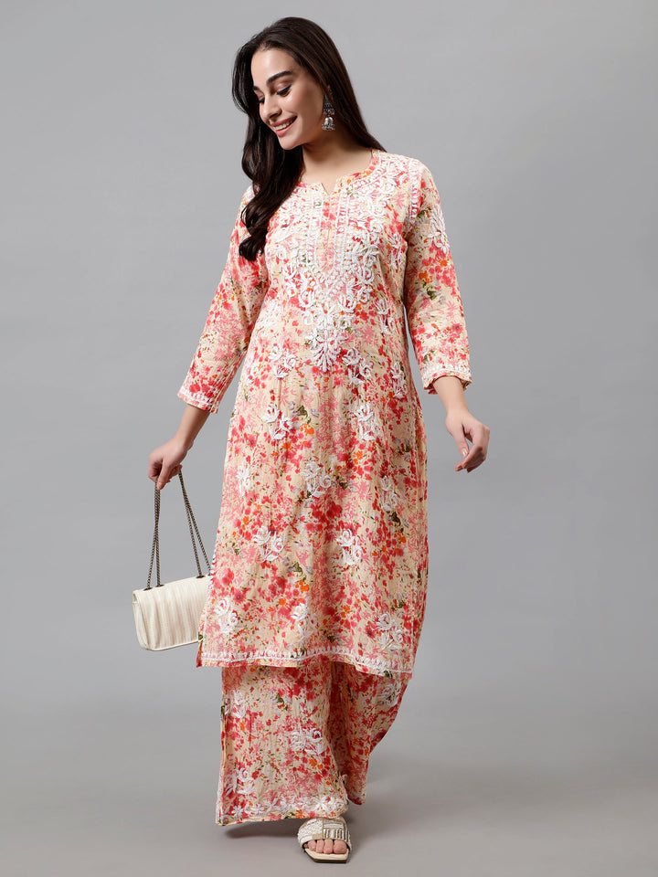 Peach-Mulmul-Embroidered-Chikankari-Kurta-&-Palazzo-Set