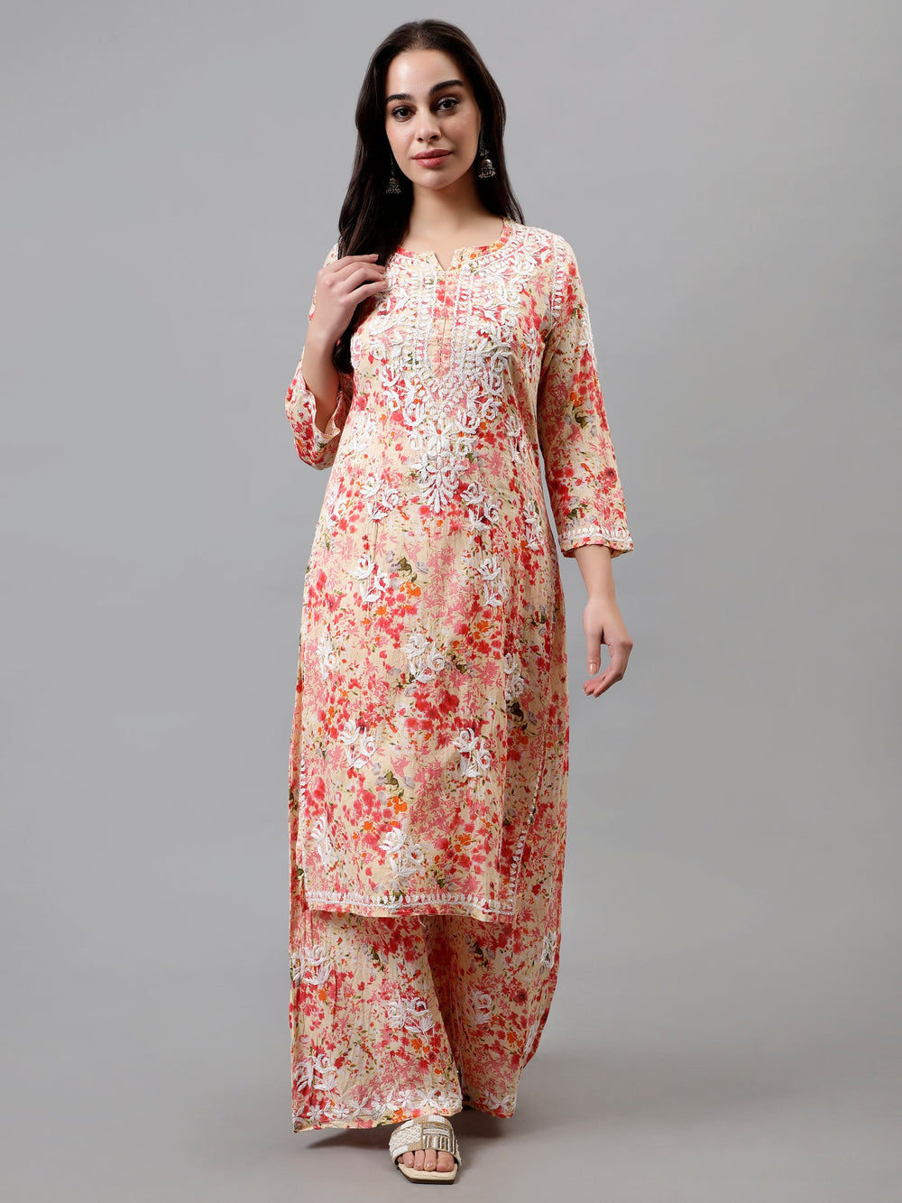 Peach-Mulmul-Embroidered-Chikankari-Kurta-&-Palazzo-Set