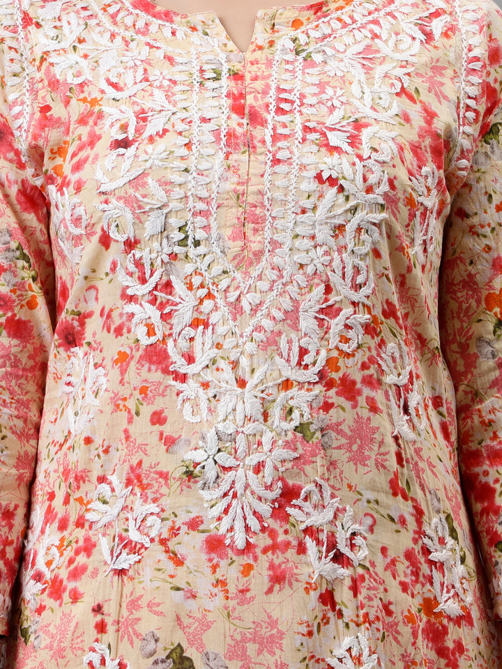 Peach-Mulmul-Embroidered-Chikankari-Kurta-&-Palazzo-Set