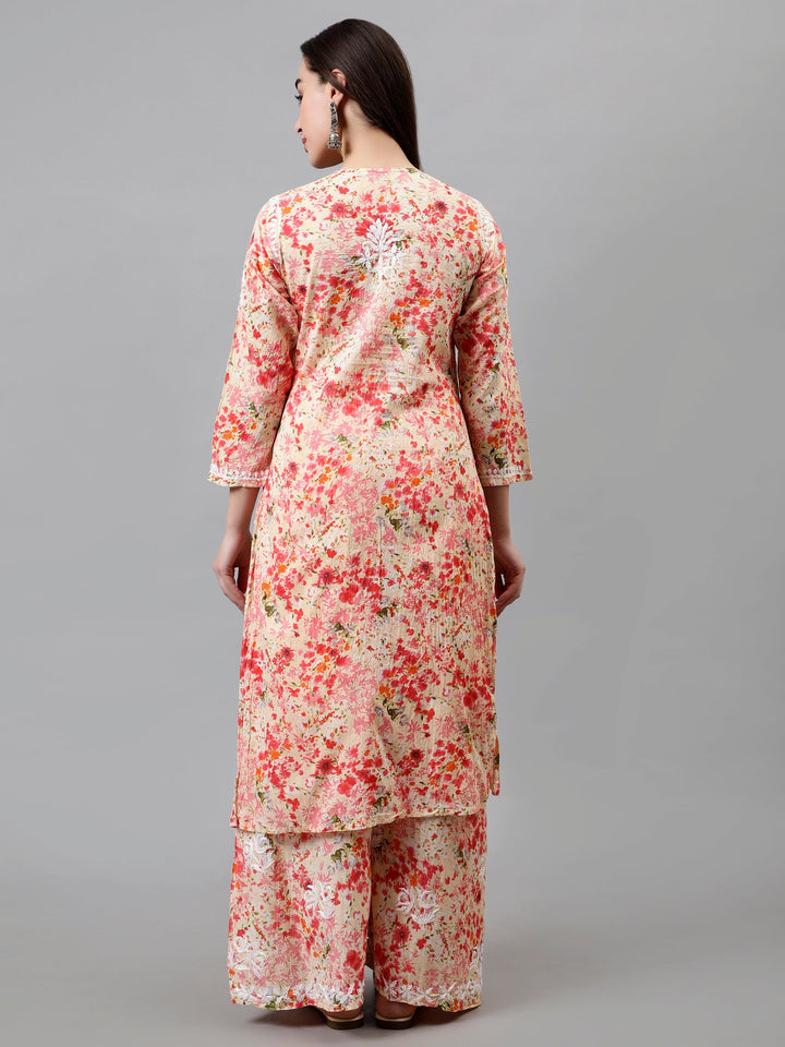 Peach-Mulmul-Embroidered-Chikankari-Kurta-&-Palazzo-Set