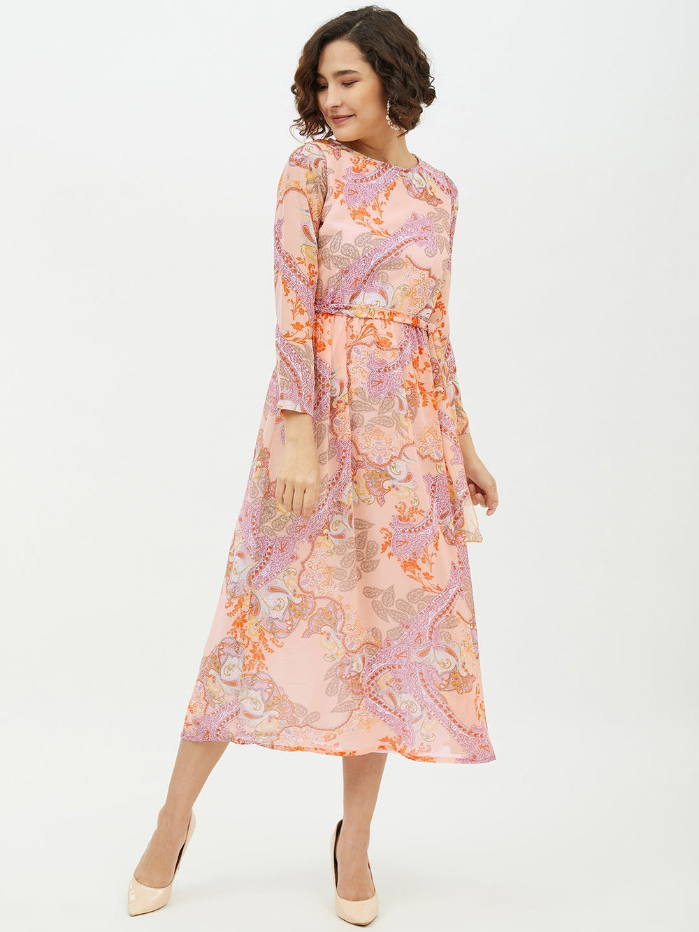 Peach-Polyester-Printed-Long-Dress